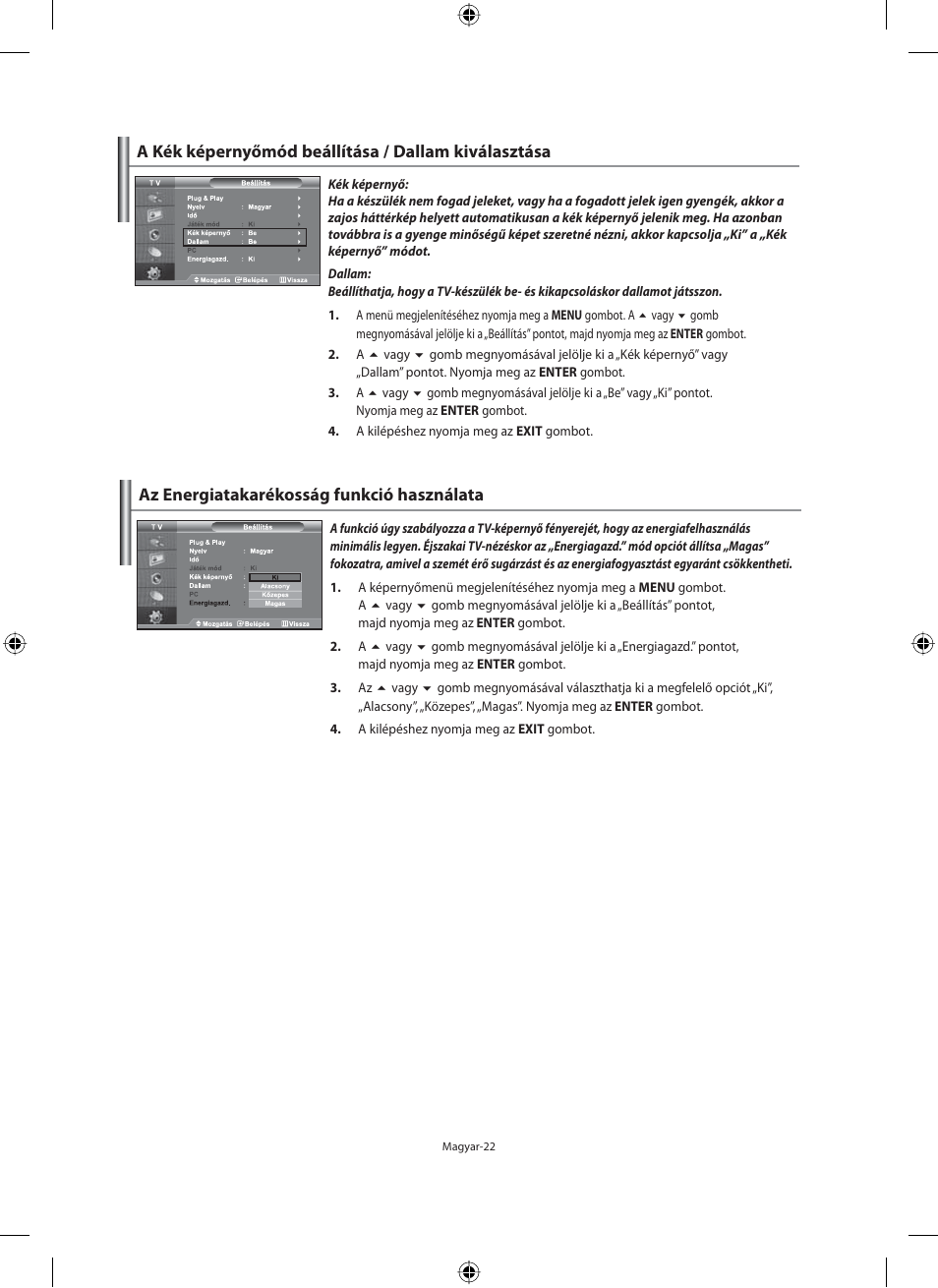 A kék képernyőmód beállítása / dallam kiválasztása, Az energiatakarékosság funkció használata | Samsung LE40F71B User Manual | Page 68 / 355