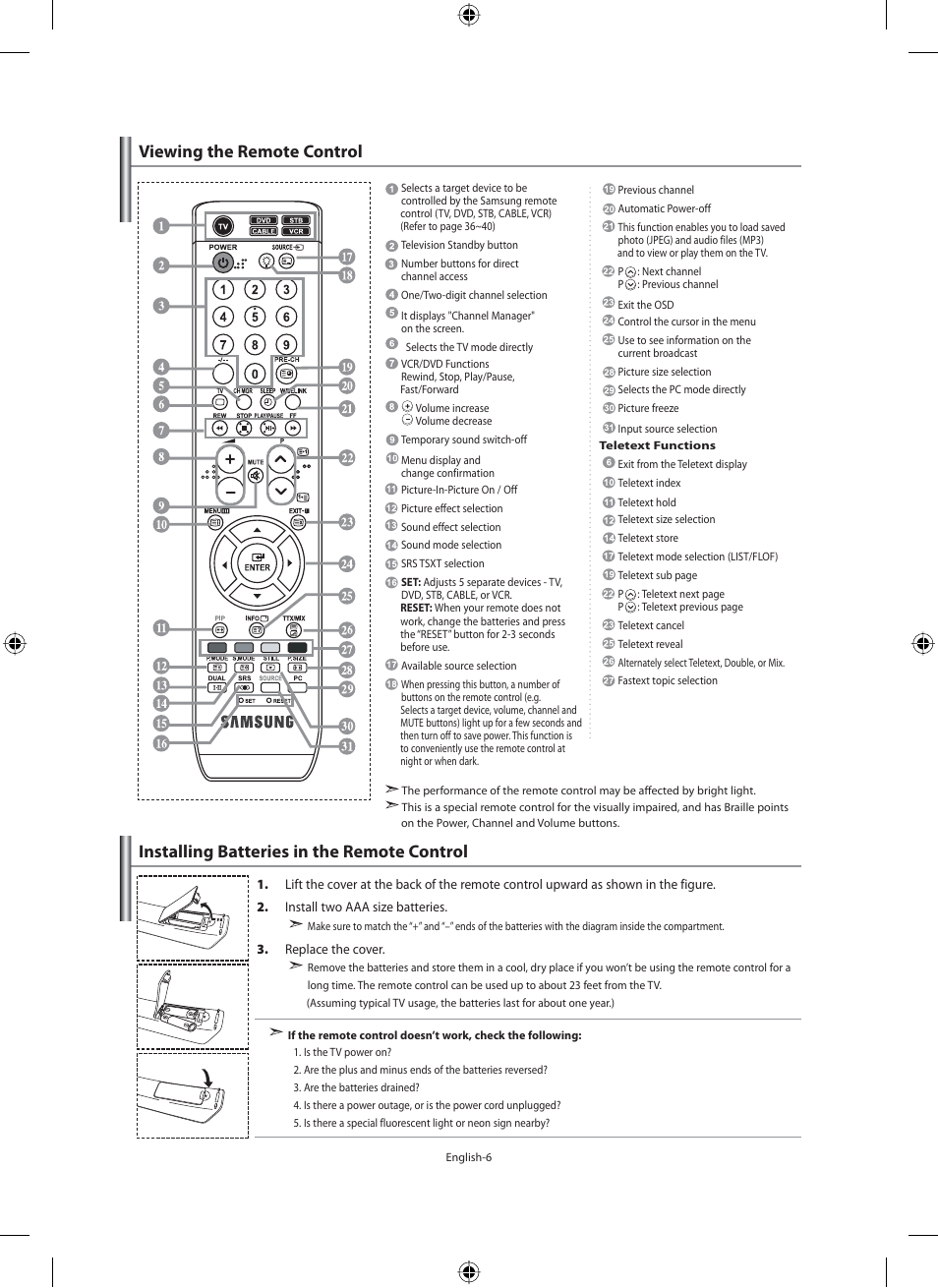 Viewing the remote control, Installing batteries in the remote control, Switching on and off | Samsung LE40F71B User Manual | Page 8 / 355