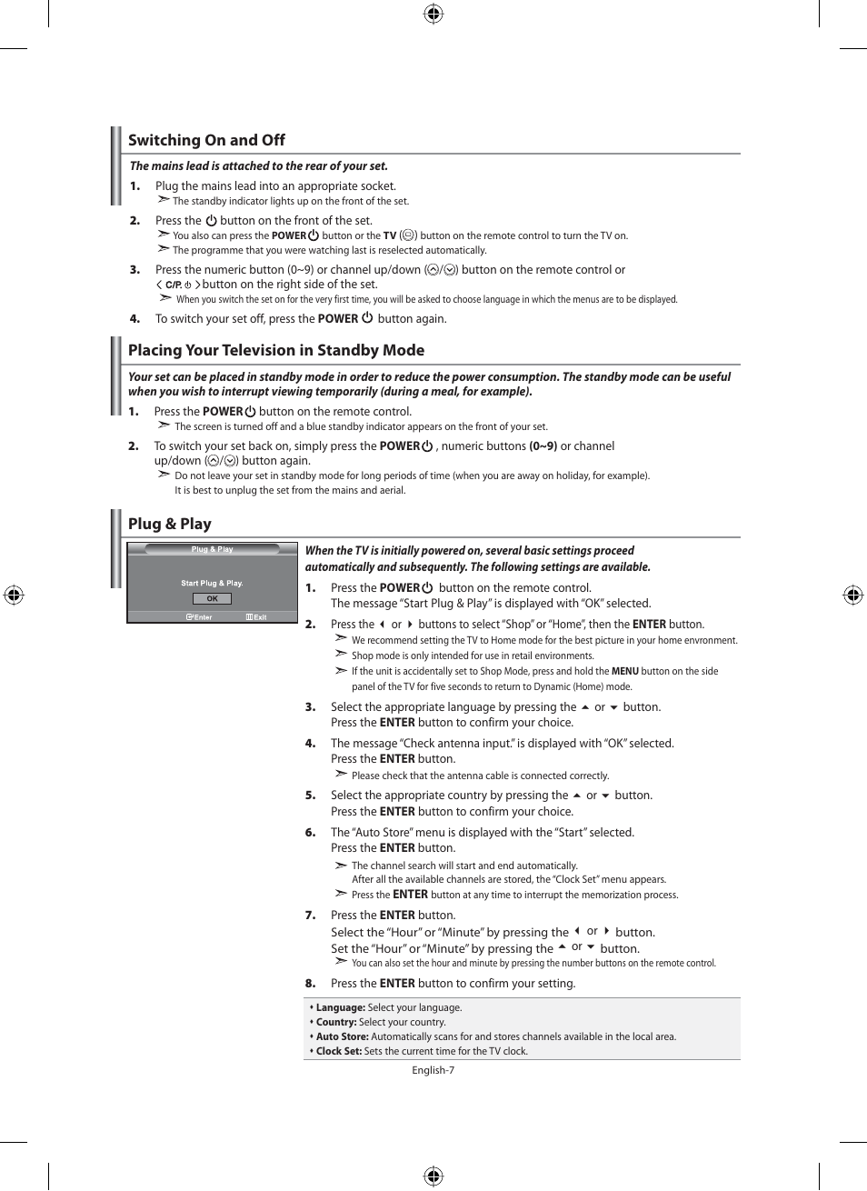 Placing your television in standby mode, Plug & play, Switching on and off | Samsung LE40F71B User Manual | Page 9 / 355