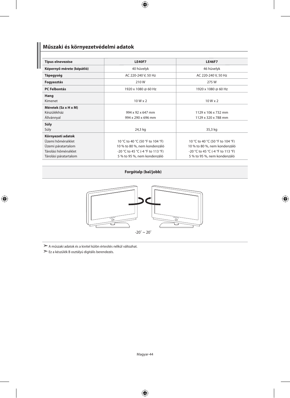 Műszaki és környezetvédelmi adatok | Samsung LE40F71B User Manual | Page 90 / 355