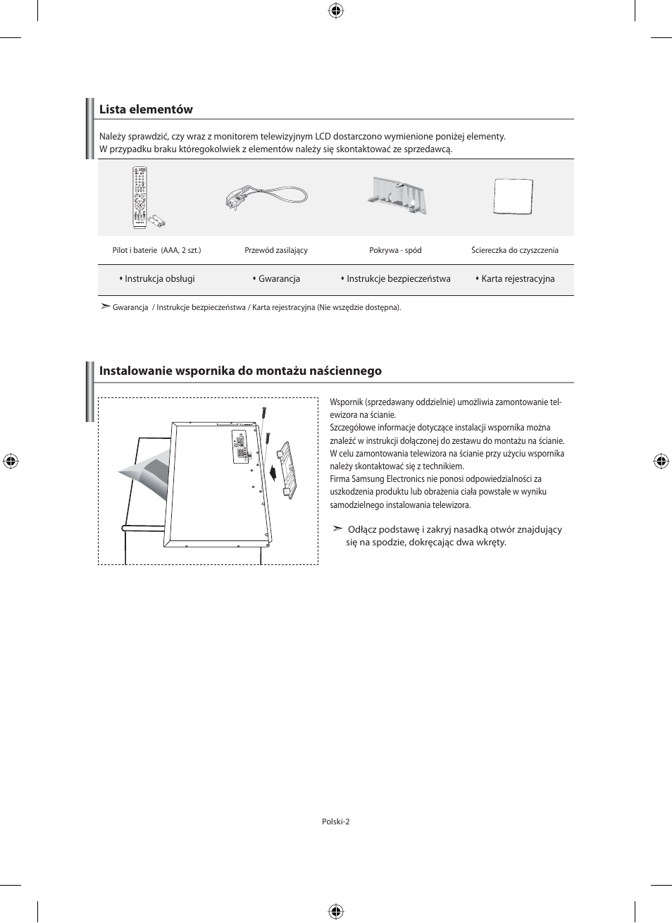 Lista elementów, Instalowanie wspornika do montażu naściennego | Samsung LE40F71B User Manual | Page 92 / 355