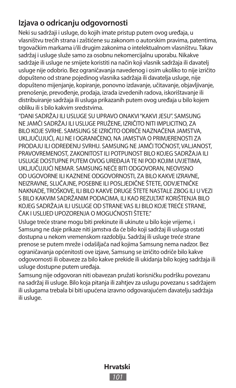 Izjava o odricanju odgovornosti | Samsung EK-GC100 User Manual | Page 102 / 559