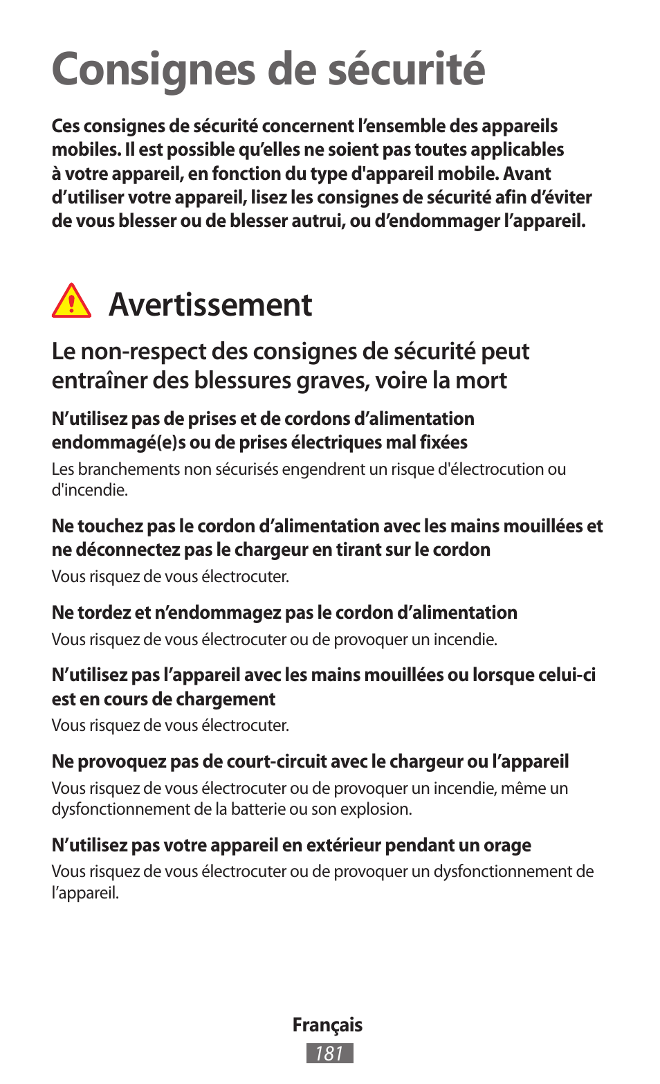 Français, Consignes de sécurité, Avertissement | Samsung EK-GC100 User Manual | Page 182 / 559