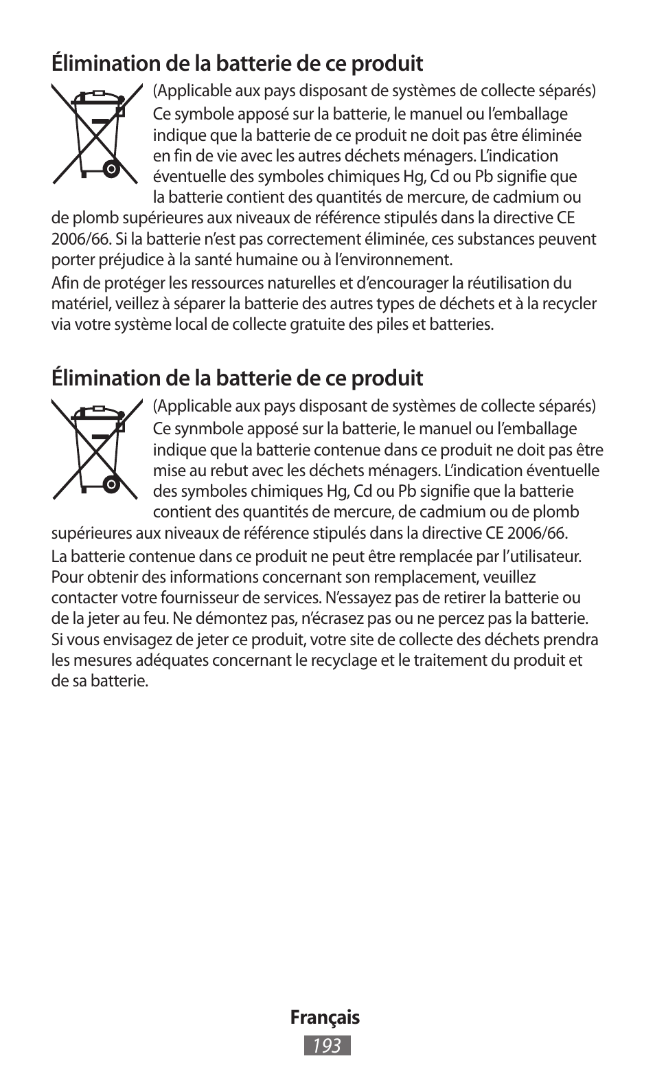 Élimination de la batterie de ce produit | Samsung EK-GC100 User Manual | Page 194 / 559