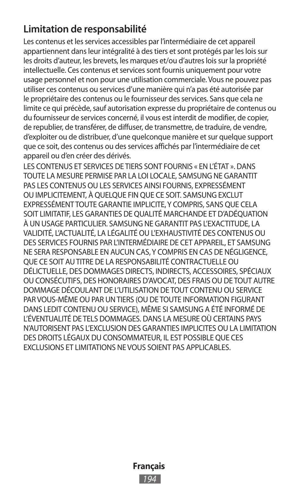 Limitation de responsabilité | Samsung EK-GC100 User Manual | Page 195 / 559