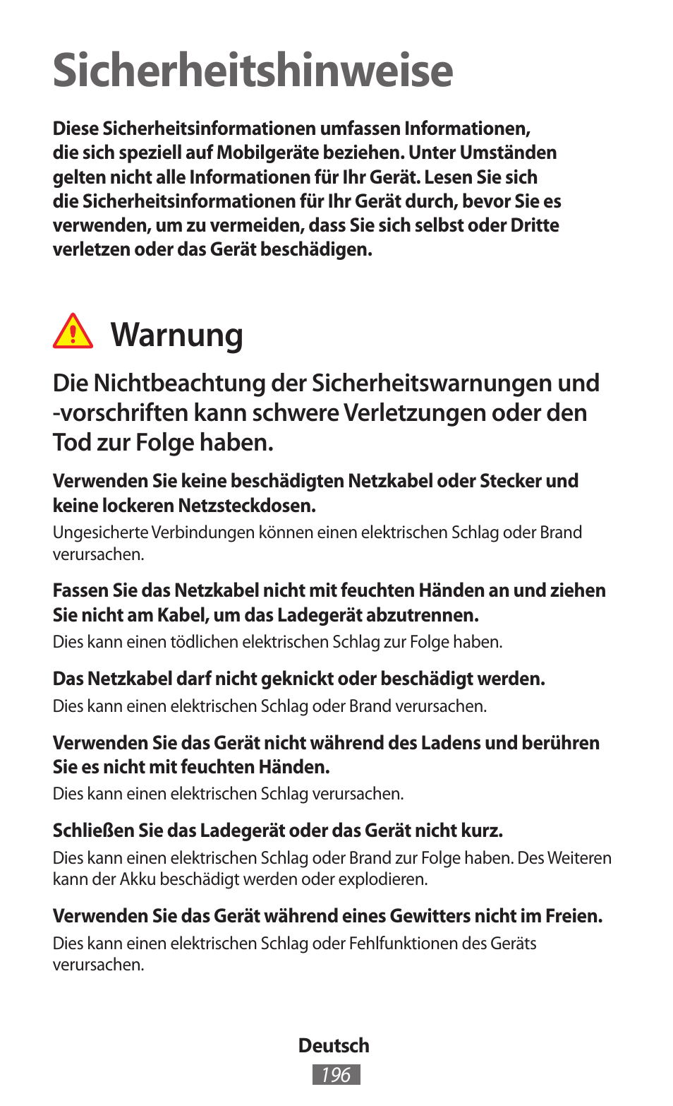 Deutsch, Sicherheitshinweise, Warnung | Samsung EK-GC100 User Manual | Page 197 / 559