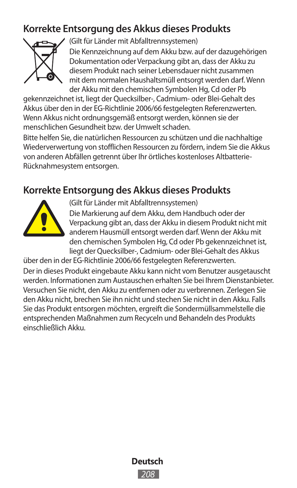Korrekte entsorgung des akkus dieses produkts | Samsung EK-GC100 User Manual | Page 209 / 559