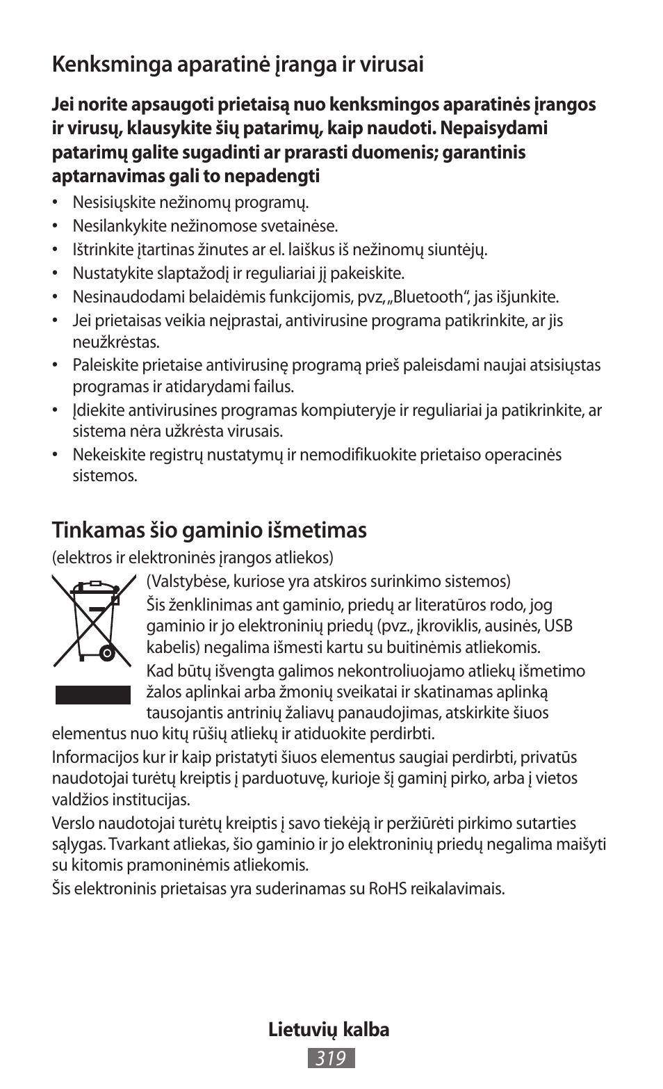 Kenksminga aparatinė įranga ir virusai, Tinkamas šio gaminio išmetimas | Samsung EK-GC100 User Manual | Page 320 / 559