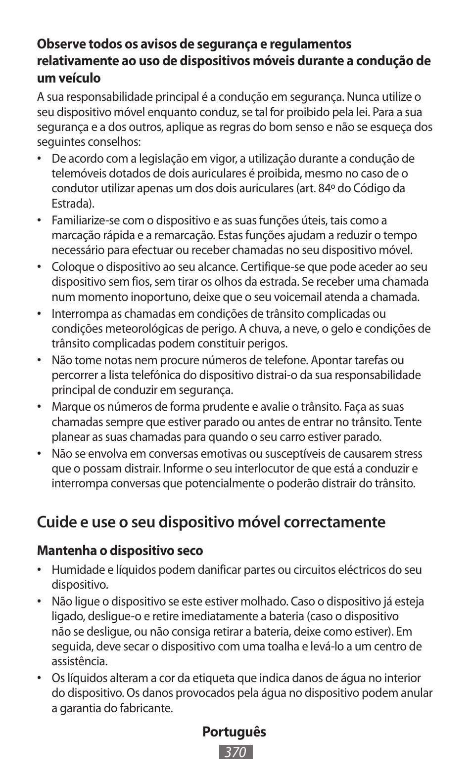 Cuide e use o seu dispositivo móvel correctamente | Samsung EK-GC100 User Manual | Page 371 / 559