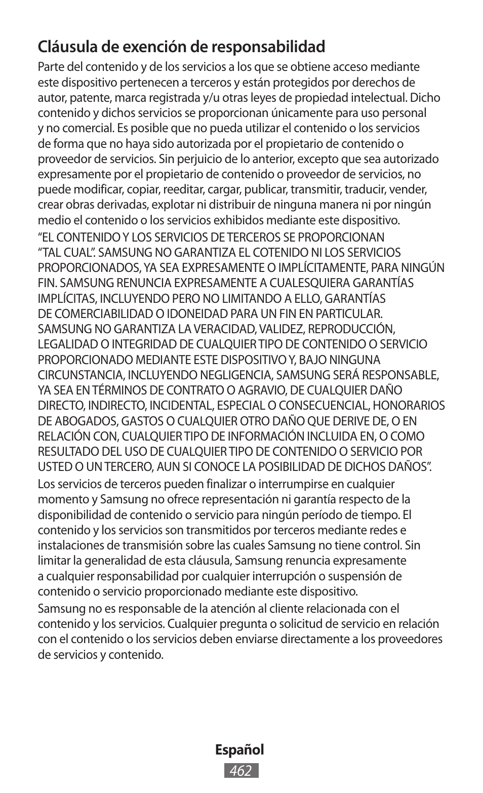 Cláusula de exención de responsabilidad | Samsung EK-GC100 User Manual | Page 463 / 559