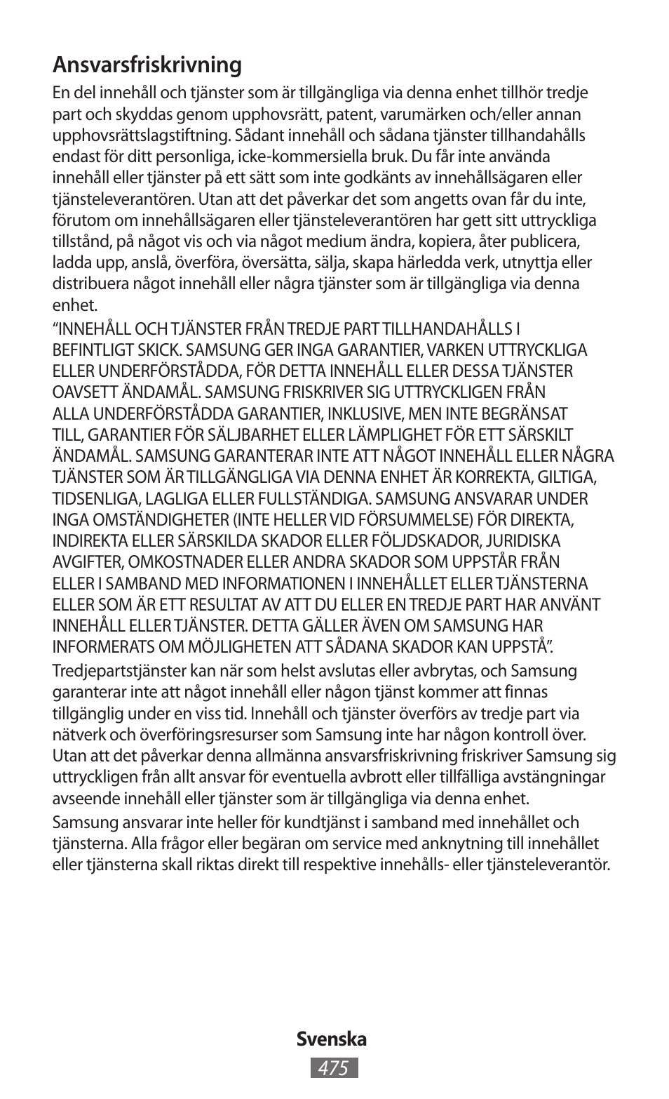 Ansvarsfriskrivning | Samsung EK-GC100 User Manual | Page 476 / 559