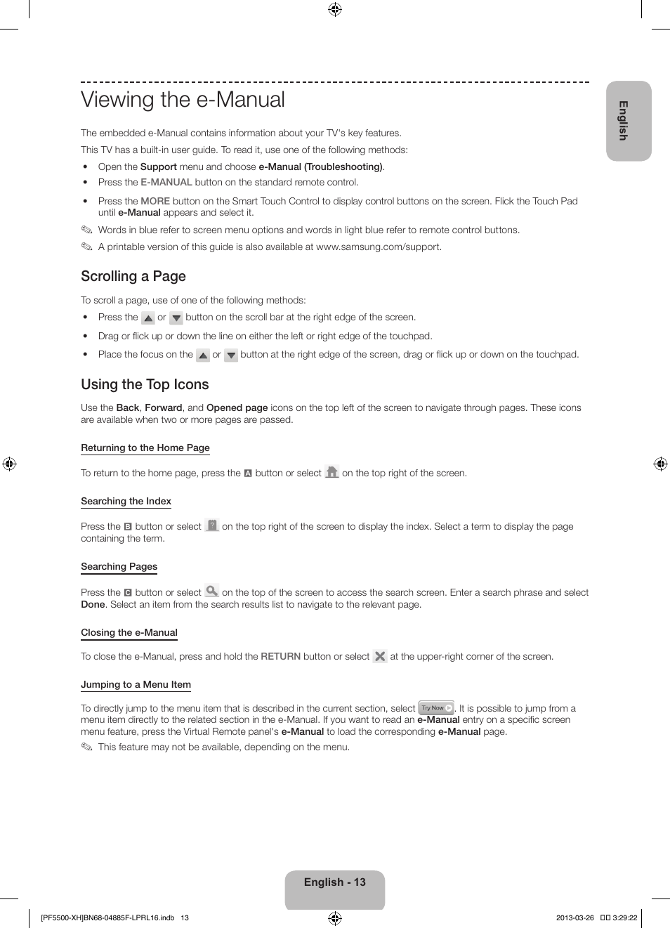 Viewing the e-manual, Scrolling a page, Using the top icons | Samsung PS60F5500AW User Manual | Page 13 / 385