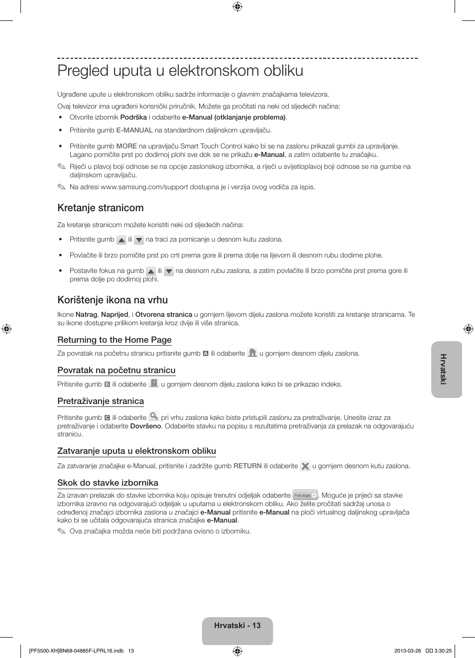 Pregled uputa u elektronskom obliku, Kretanje stranicom, Korištenje ikona na vrhu | Samsung PS60F5500AW User Manual | Page 133 / 385