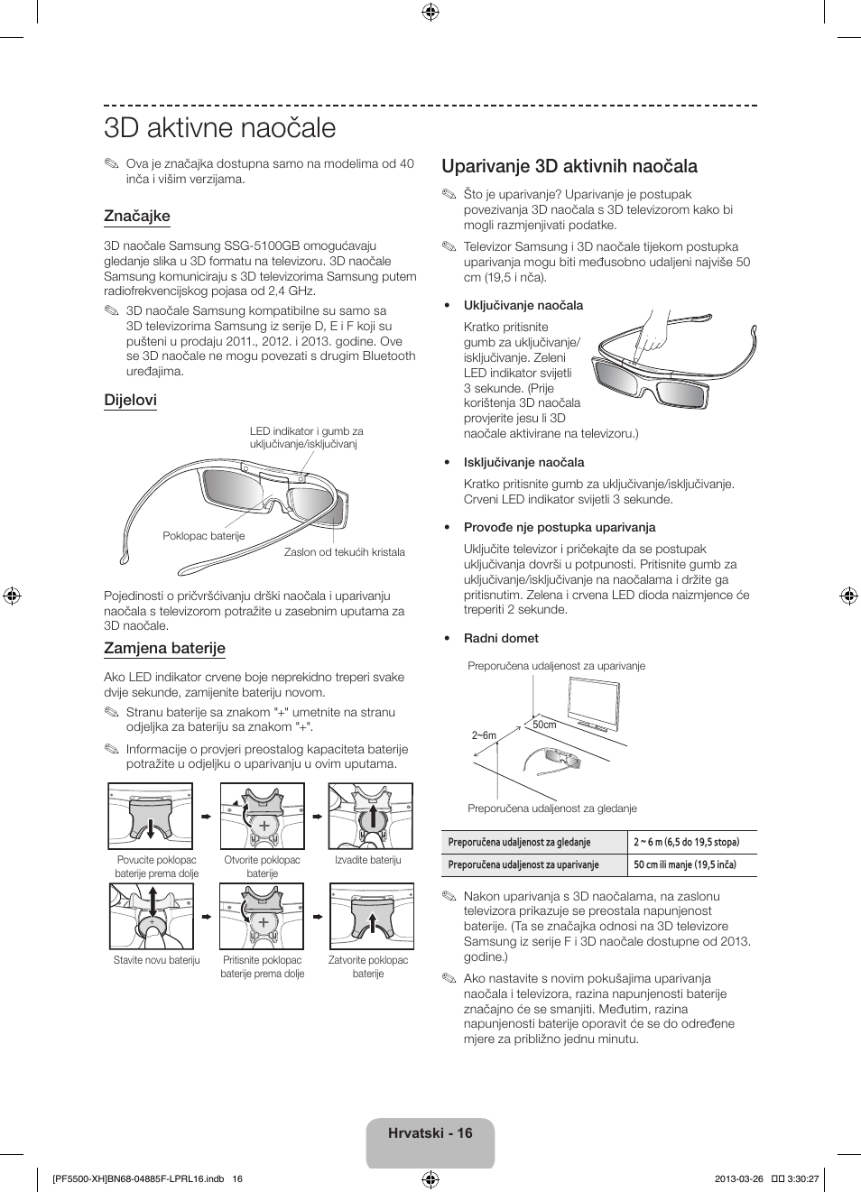 3d aktivne naočale, Uparivanje 3d aktivnih naočala | Samsung PS60F5500AW User Manual | Page 136 / 385