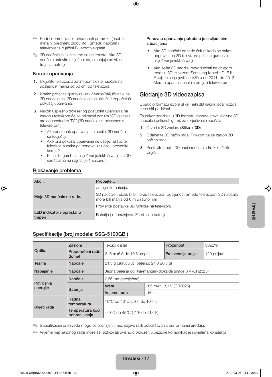 Gledanje 3d videozapisa, Koraci uparivanja, Rješavanje problema | Specifikacije (broj modela: ssg-5100gb ) | Samsung PS60F5500AW User Manual | Page 137 / 385