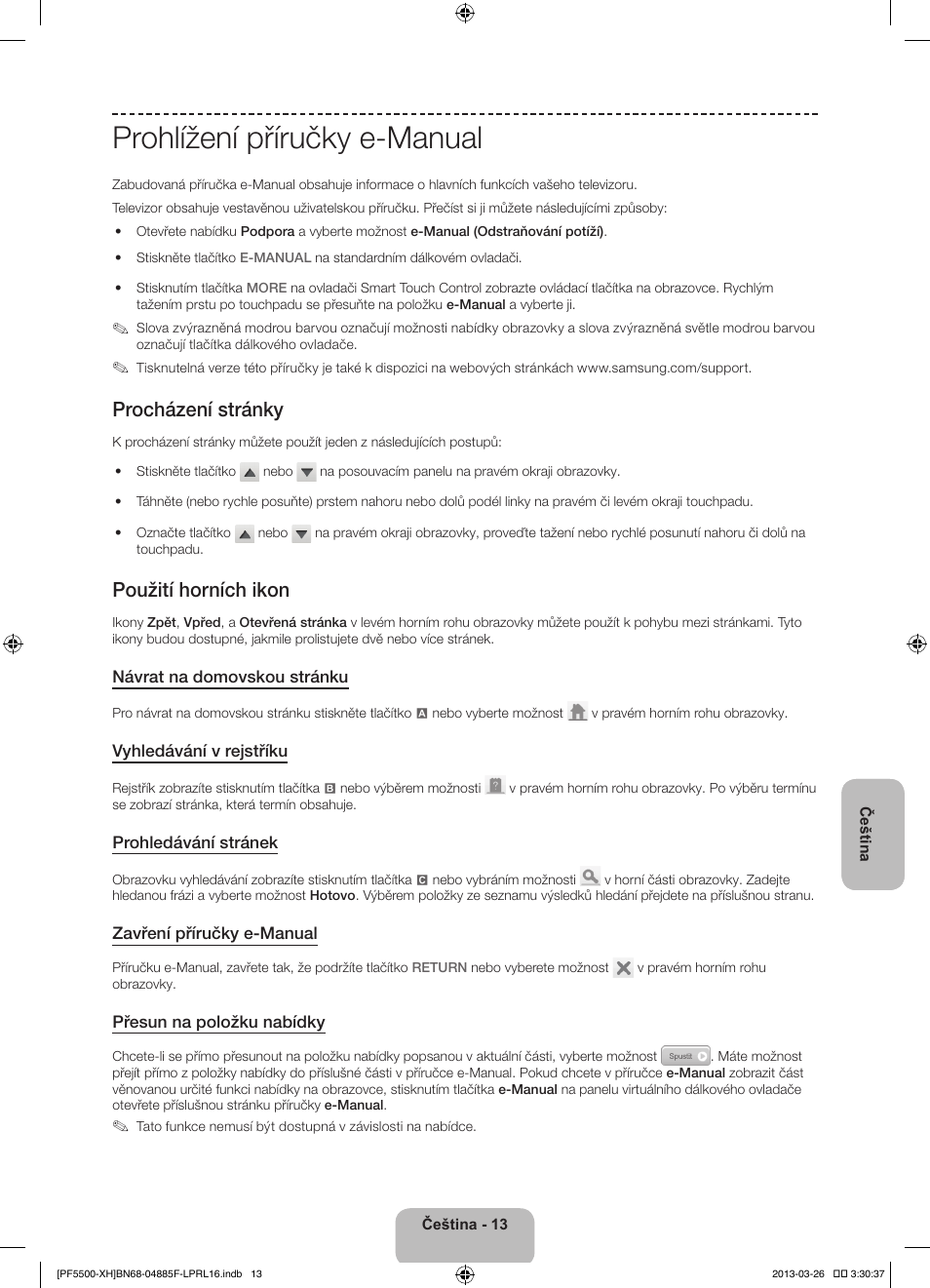 Prohlížení příručky e-manual, Procházení stránky, Použití horních ikon | Samsung PS60F5500AW User Manual | Page 157 / 385