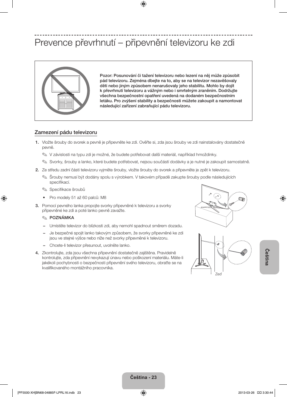 Prevence převrhnutí – připevnění televizoru ke zdi | Samsung PS60F5500AW User Manual | Page 167 / 385