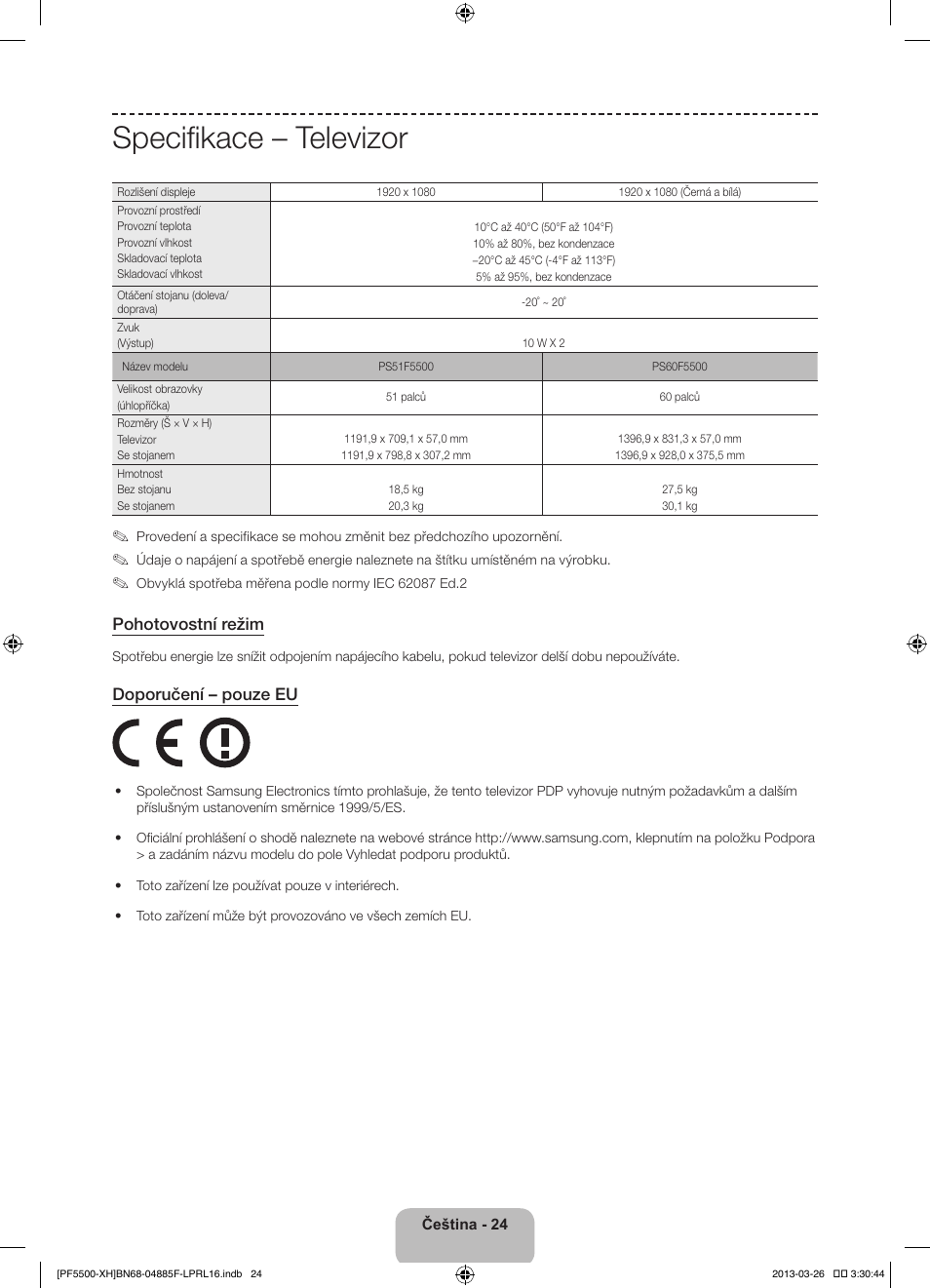 Specifikace – televizor, Pohotovostní režim, Doporučení – pouze eu | Samsung PS60F5500AW User Manual | Page 168 / 385