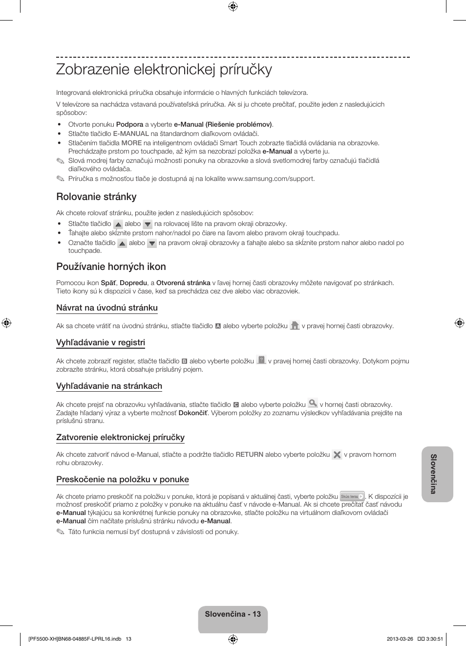 Zobrazenie elektronickej príručky, Rolovanie stránky, Používanie horných ikon | Samsung PS60F5500AW User Manual | Page 181 / 385