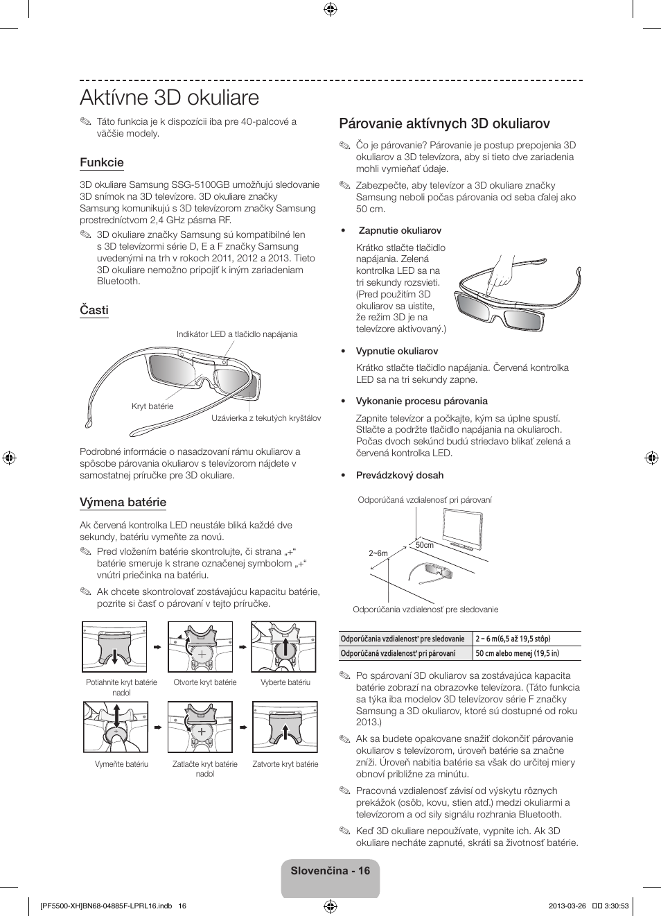 Aktívne 3d okuliare, Párovanie aktívnych 3d okuliarov | Samsung PS60F5500AW User Manual | Page 184 / 385