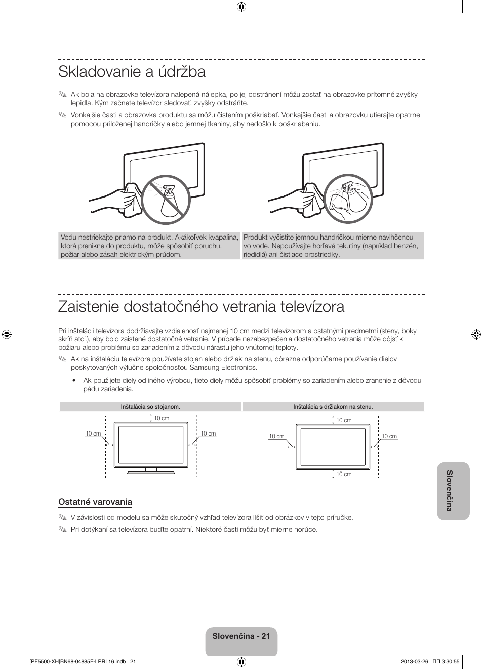 Skladovanie a údržba, Zaistenie dostatočného vetrania televízora | Samsung PS60F5500AW User Manual | Page 189 / 385
