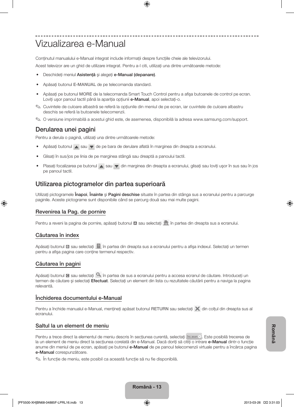 Vizualizarea e-manual, Derularea unei pagini, Utilizarea pictogramelor din partea superioară | Samsung PS60F5500AW User Manual | Page 205 / 385