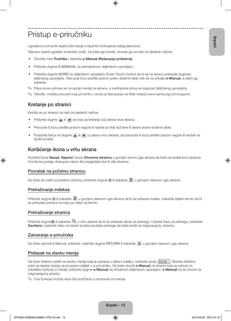Pristup e-priručniku, Kretanje po stranici, Korišćenje ikona u vrhu ekrana | Samsung PS60F5500AW User Manual | Page 229 / 385