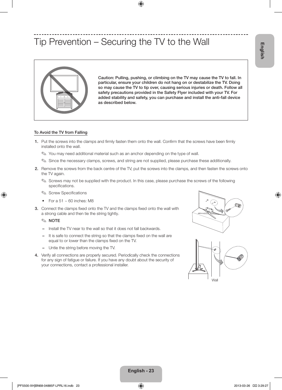 Tip prevention – securing the tv to the wall | Samsung PS60F5500AW User Manual | Page 23 / 385