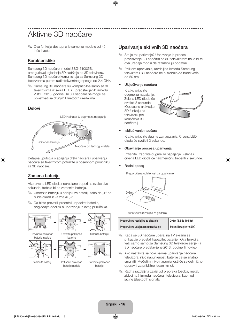 Aktivne 3d naočare, Uparivanje aktivnih 3d naočara | Samsung PS60F5500AW User Manual | Page 232 / 385