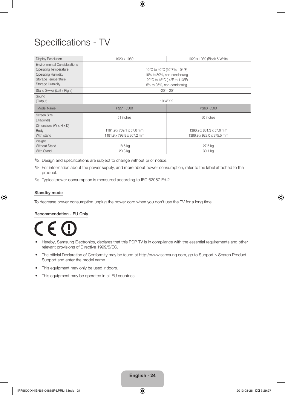 Specifications - tv | Samsung PS60F5500AW User Manual | Page 24 / 385