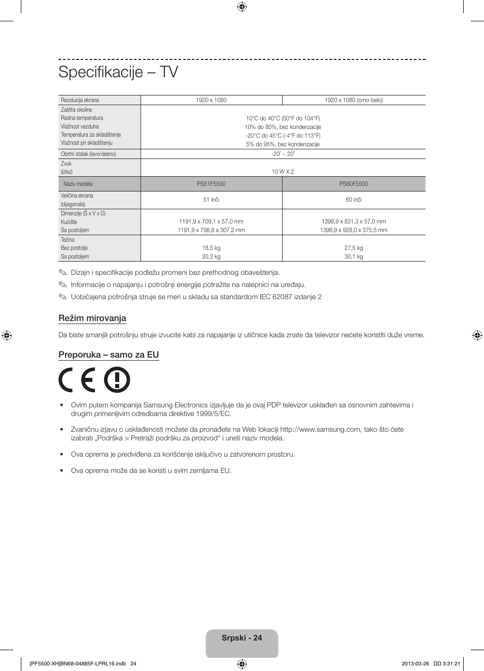 Specifikacije – tv, Režim mirovanja, Preporuka – samo za eu | Samsung PS60F5500AW User Manual | Page 240 / 385