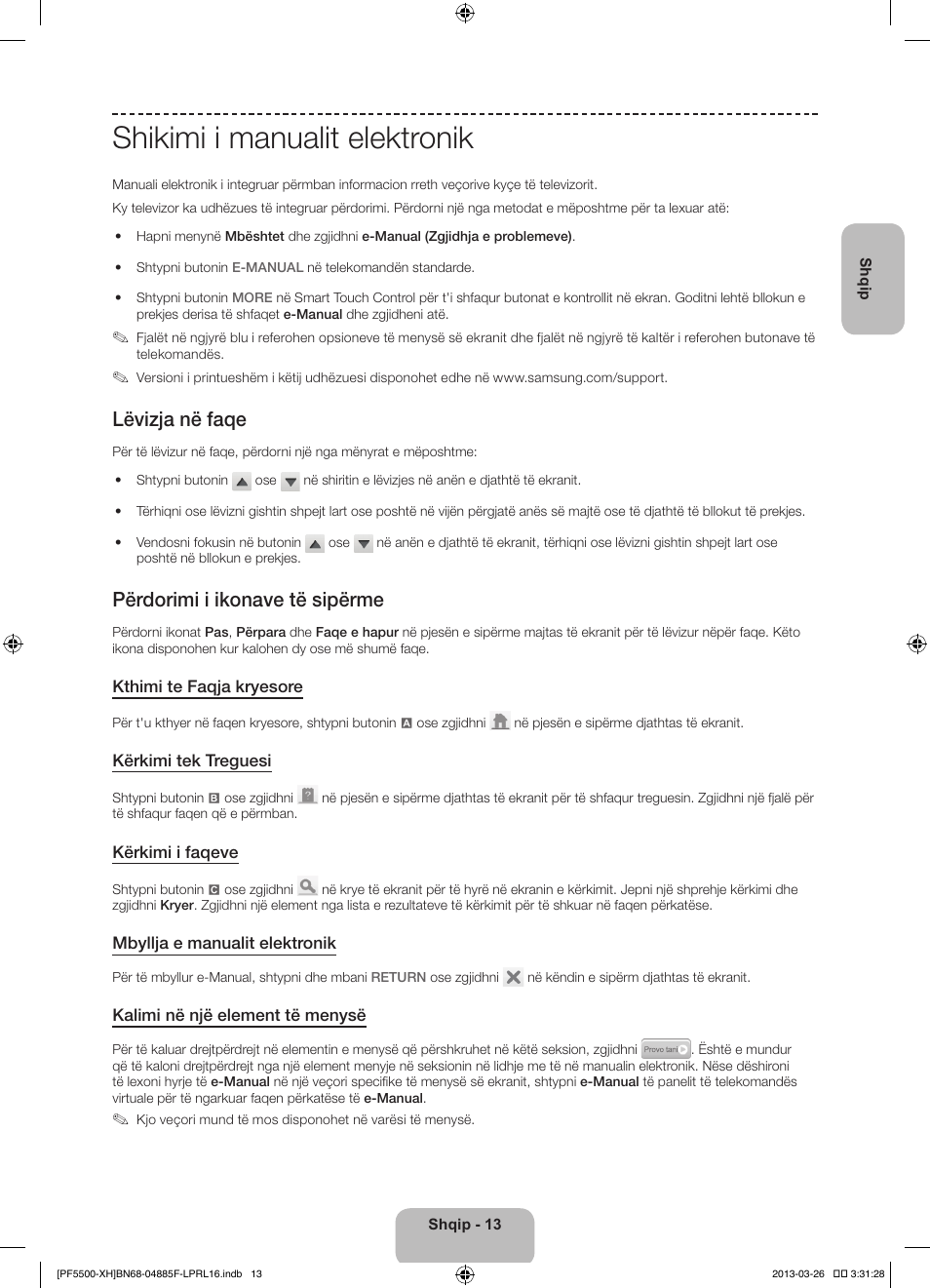 Shikimi i manualit elektronik, Lëvizja në faqe, Përdorimi i ikonave të sipërme | Samsung PS60F5500AW User Manual | Page 253 / 385