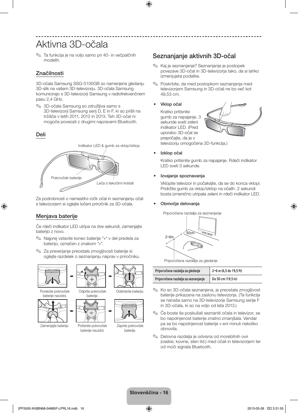 Aktivna 3d-očala, Seznanjanje aktivnih 3d-očal | Samsung PS60F5500AW User Manual | Page 304 / 385