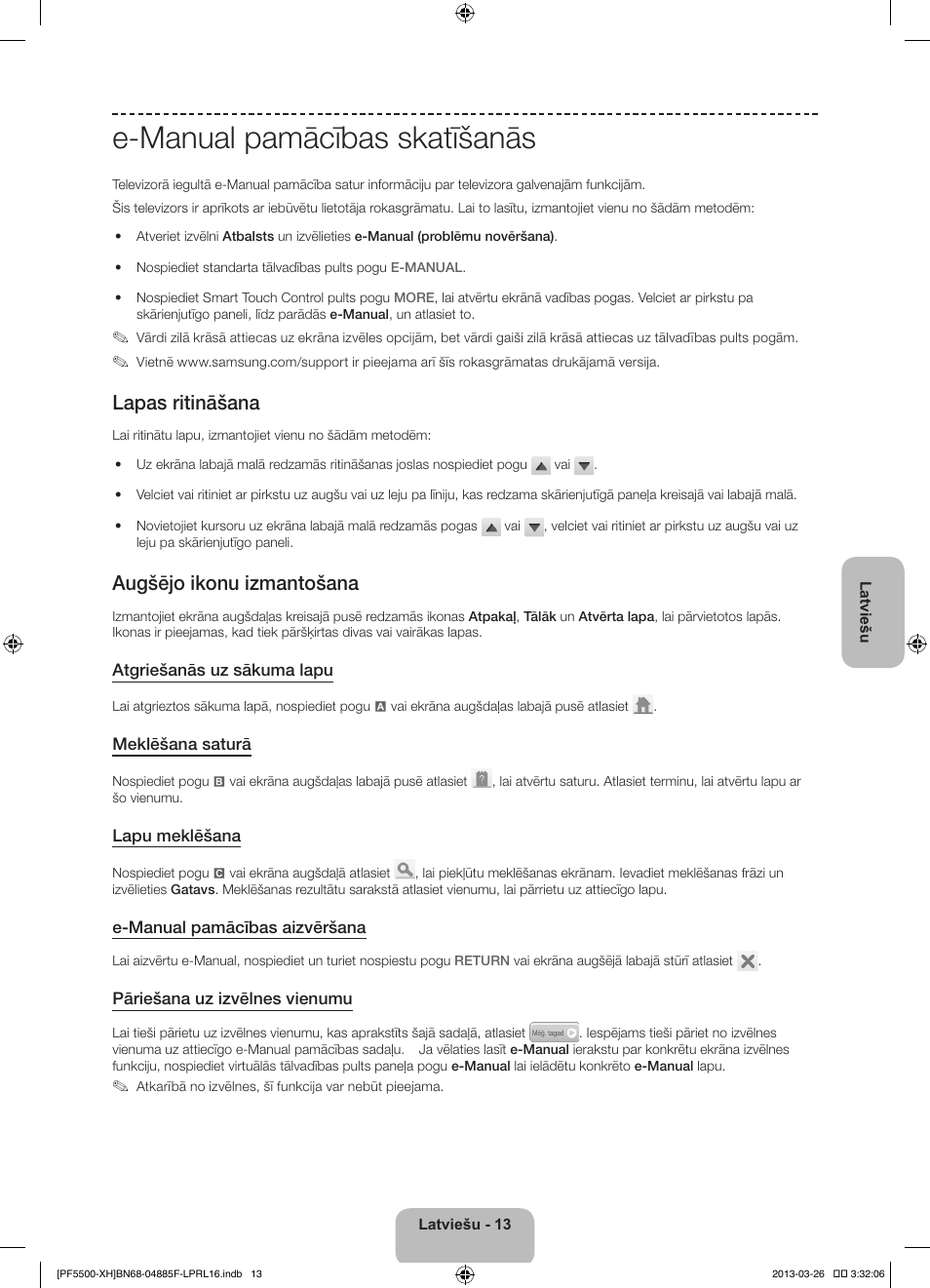 E-manual pamācības skatīšanās, Lapas ritināšana, Augšējo ikonu izmantošana | Samsung PS60F5500AW User Manual | Page 325 / 385