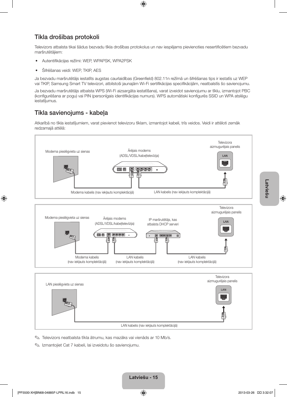 Tīkla drošības protokoli, Tīkla savienojums - kabeļa | Samsung PS60F5500AW User Manual | Page 327 / 385