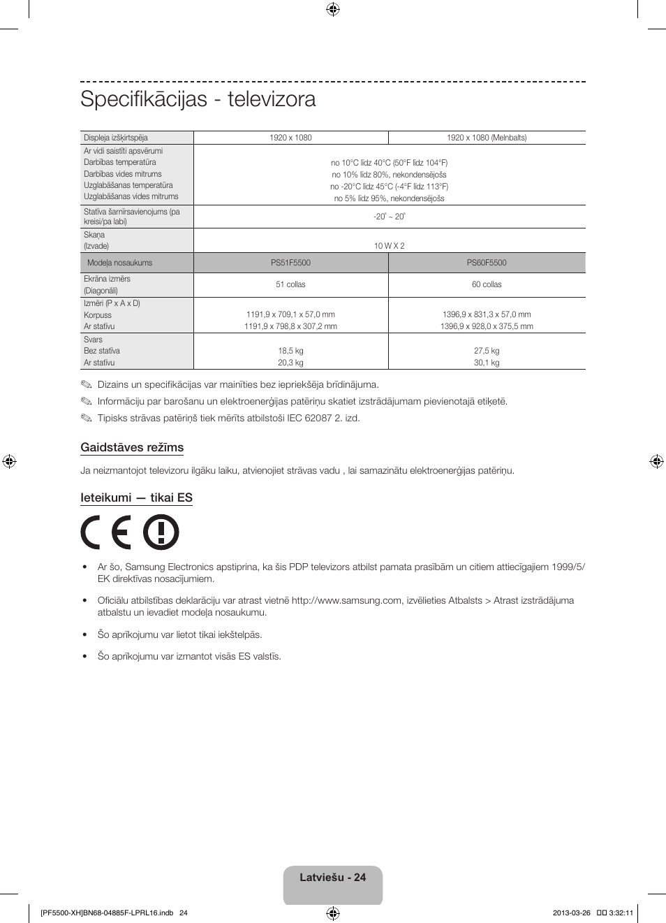 Specifikācijas - televizora, Gaidstāves režīms, Ieteikumi — tikai es | Samsung PS60F5500AW User Manual | Page 336 / 385