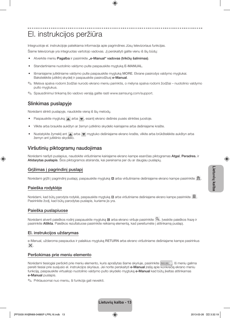 El. instrukcijos peržiūra, Slinkimas puslapyje, Viršutinių piktogramų naudojimas | Samsung PS60F5500AW User Manual | Page 349 / 385