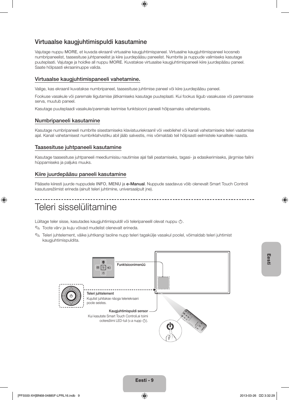 Teleri sisselülitamine, Virtuaalse kaugjuhtimispuldi kasutamine | Samsung PS60F5500AW User Manual | Page 369 / 385