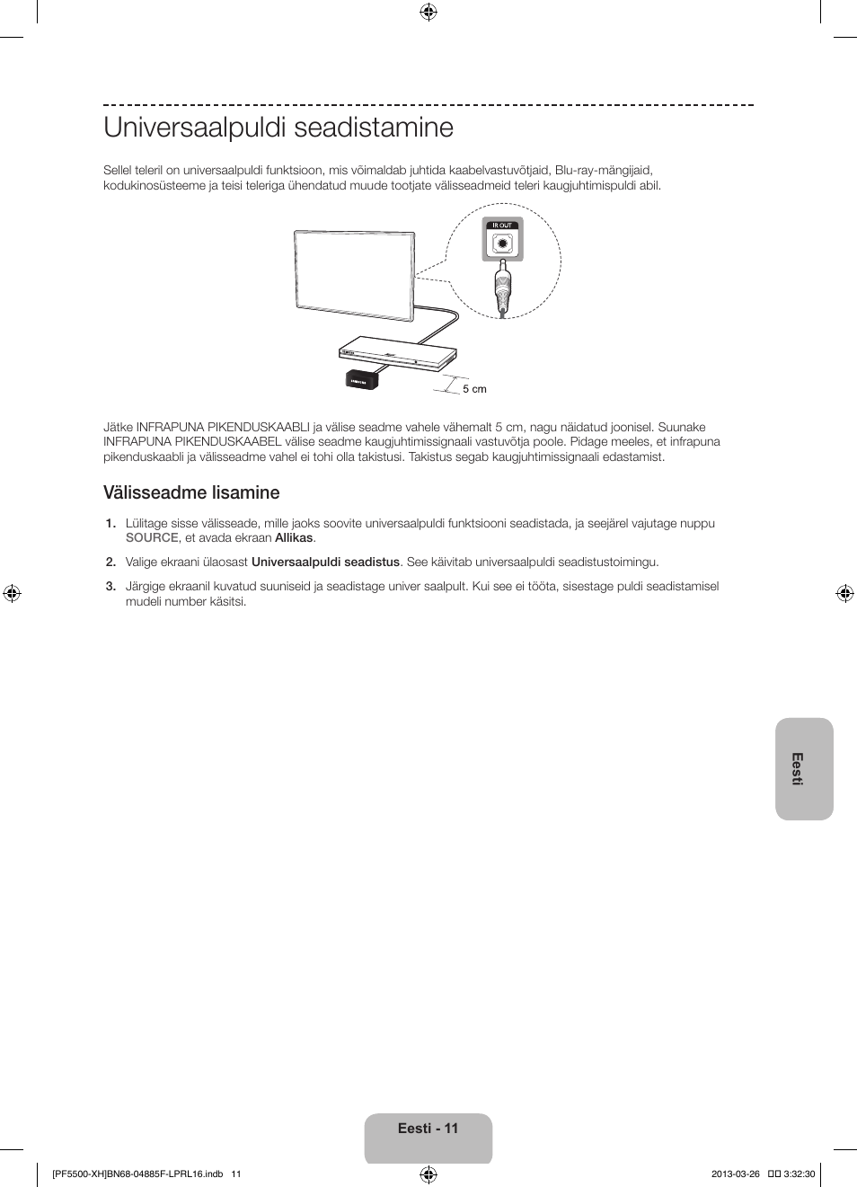Universaalpuldi seadistamine, Välisseadme lisamine | Samsung PS60F5500AW User Manual | Page 371 / 385