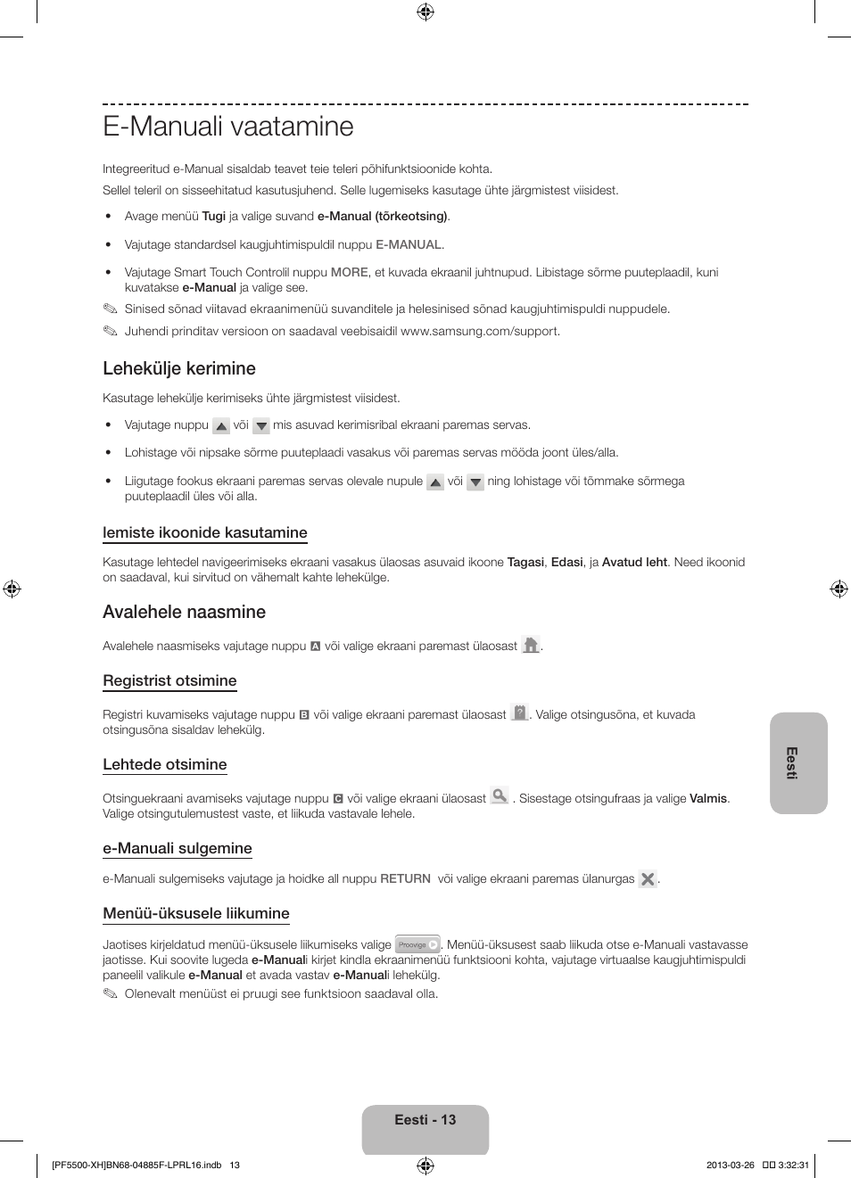 E-manuali vaatamine, Lehekülje kerimine, Avalehele naasmine | Samsung PS60F5500AW User Manual | Page 373 / 385