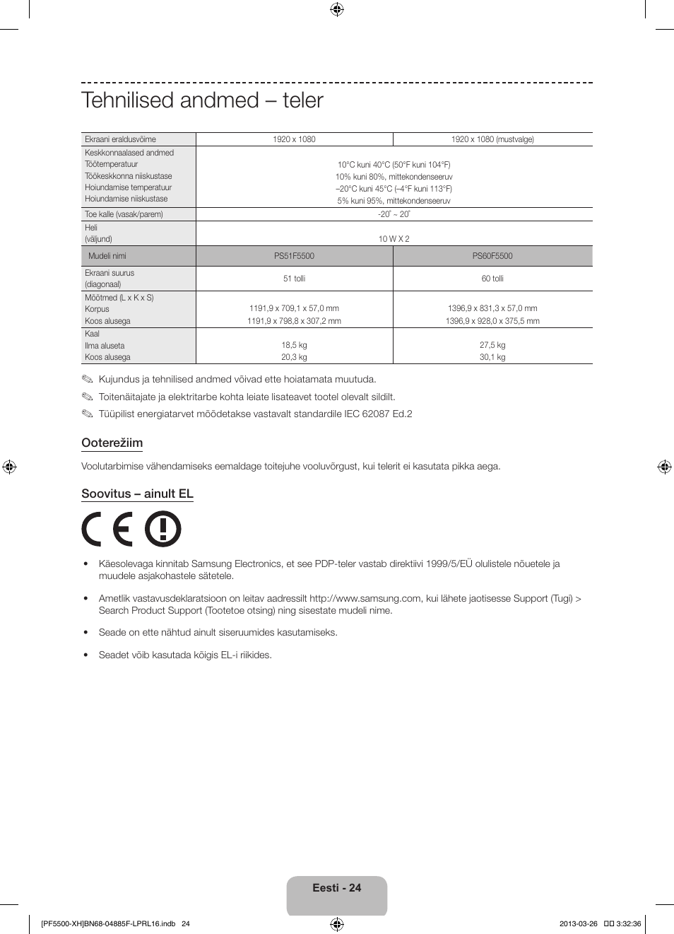 Tehnilised andmed – teler, Ooterežiim, Soovitus – ainult el | Samsung PS60F5500AW User Manual | Page 384 / 385