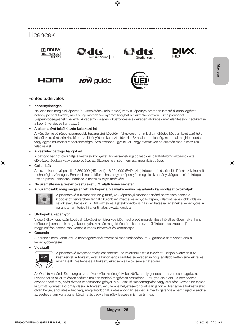 Licencek, Fontos tudnivalók | Samsung PS60F5500AW User Manual | Page 49 / 385