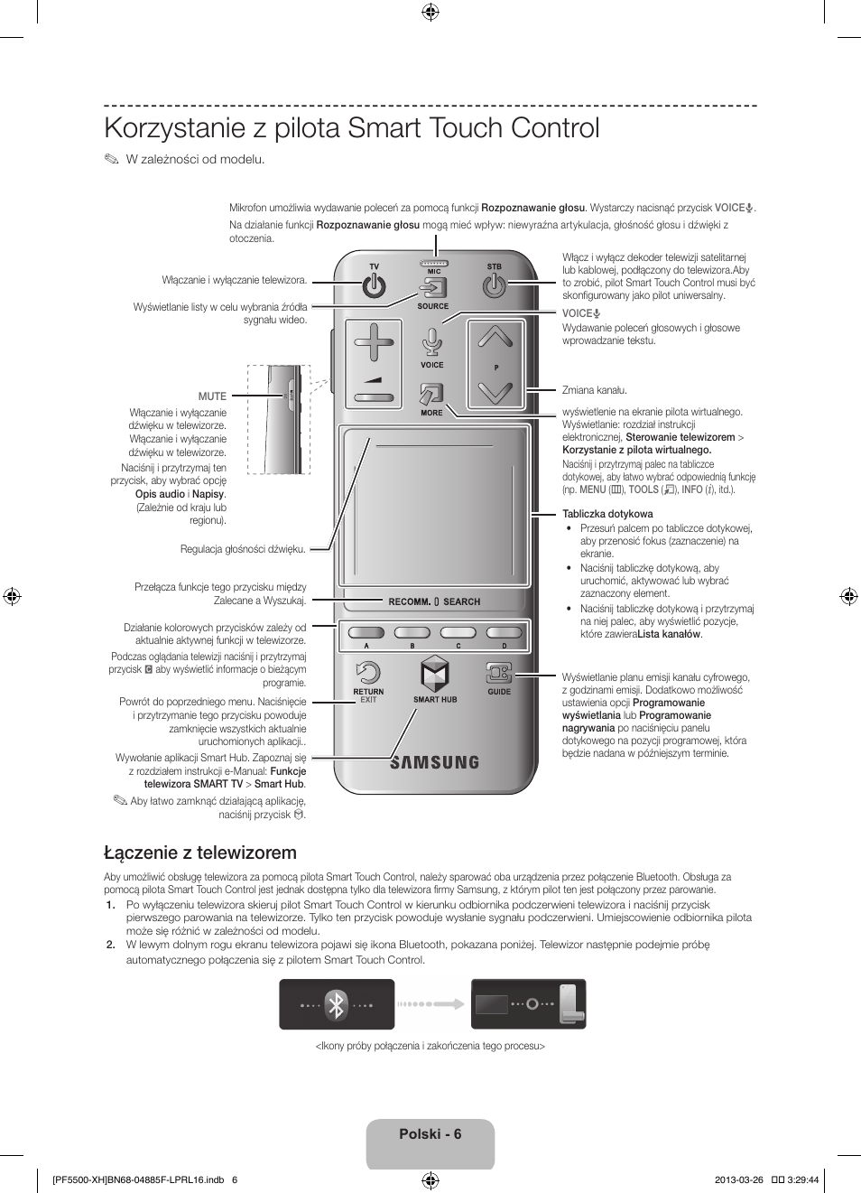 Korzystanie z pilota smart touch control, Łączenie z telewizorem | Samsung PS60F5500AW User Manual | Page 54 / 385