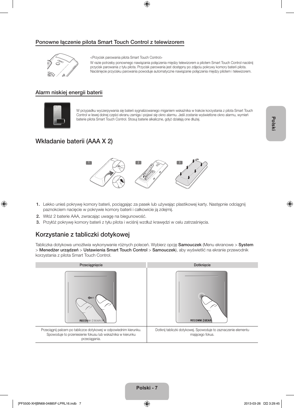 Wkładanie baterii (aaa x 2), Korzystanie z tabliczki dotykowej, Alarm niskiej energii baterii | Samsung PS60F5500AW User Manual | Page 55 / 385