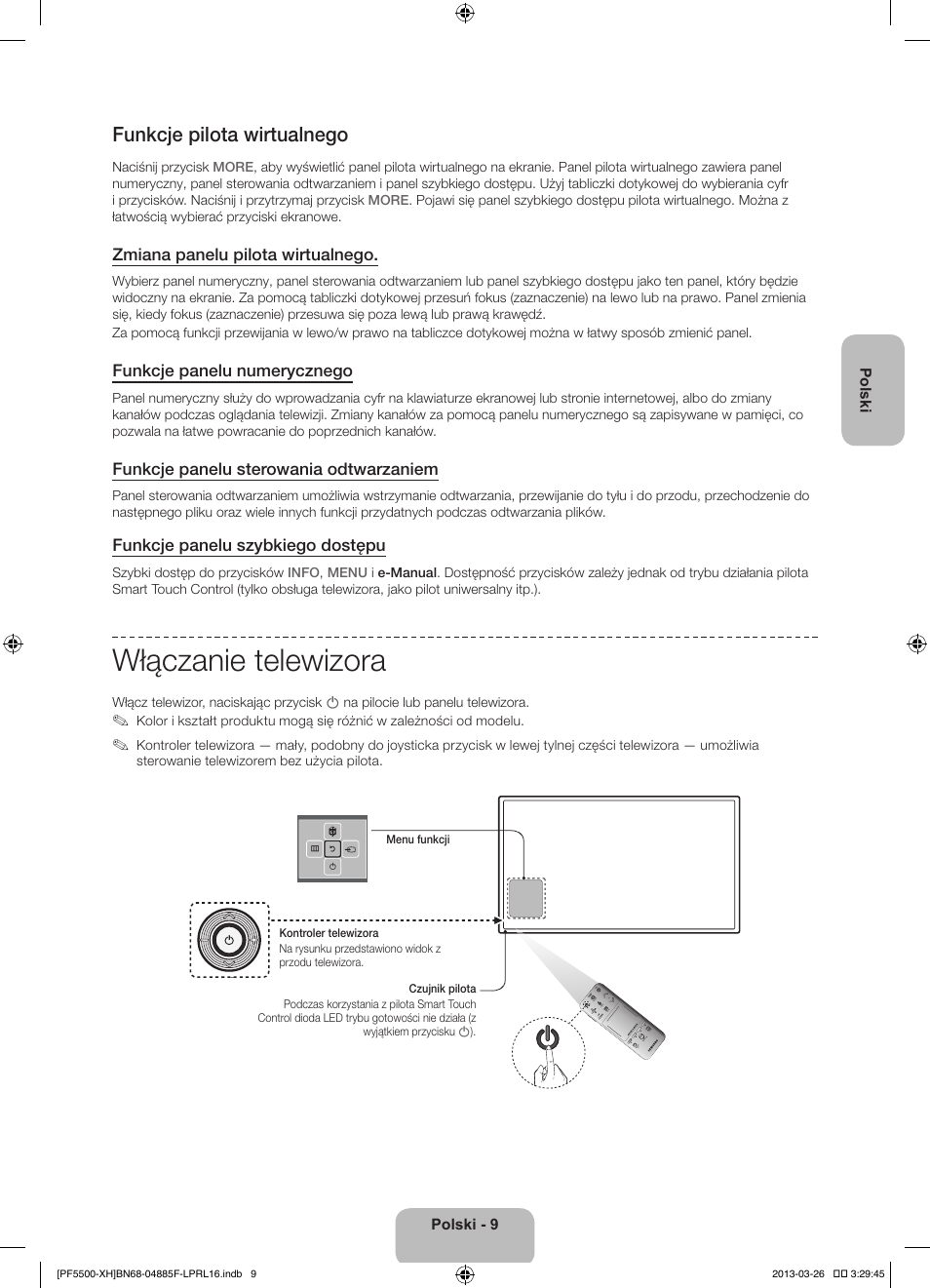 Włączanie telewizora, Funkcje pilota wirtualnego | Samsung PS60F5500AW User Manual | Page 57 / 385
