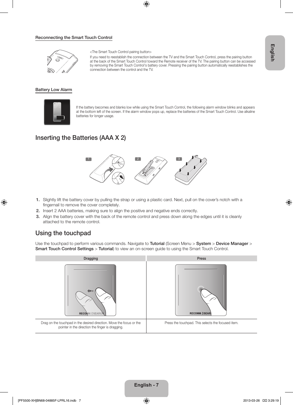 Inserting the batteries (aaa x 2), Using the touchpad | Samsung PS60F5500AW User Manual | Page 7 / 385