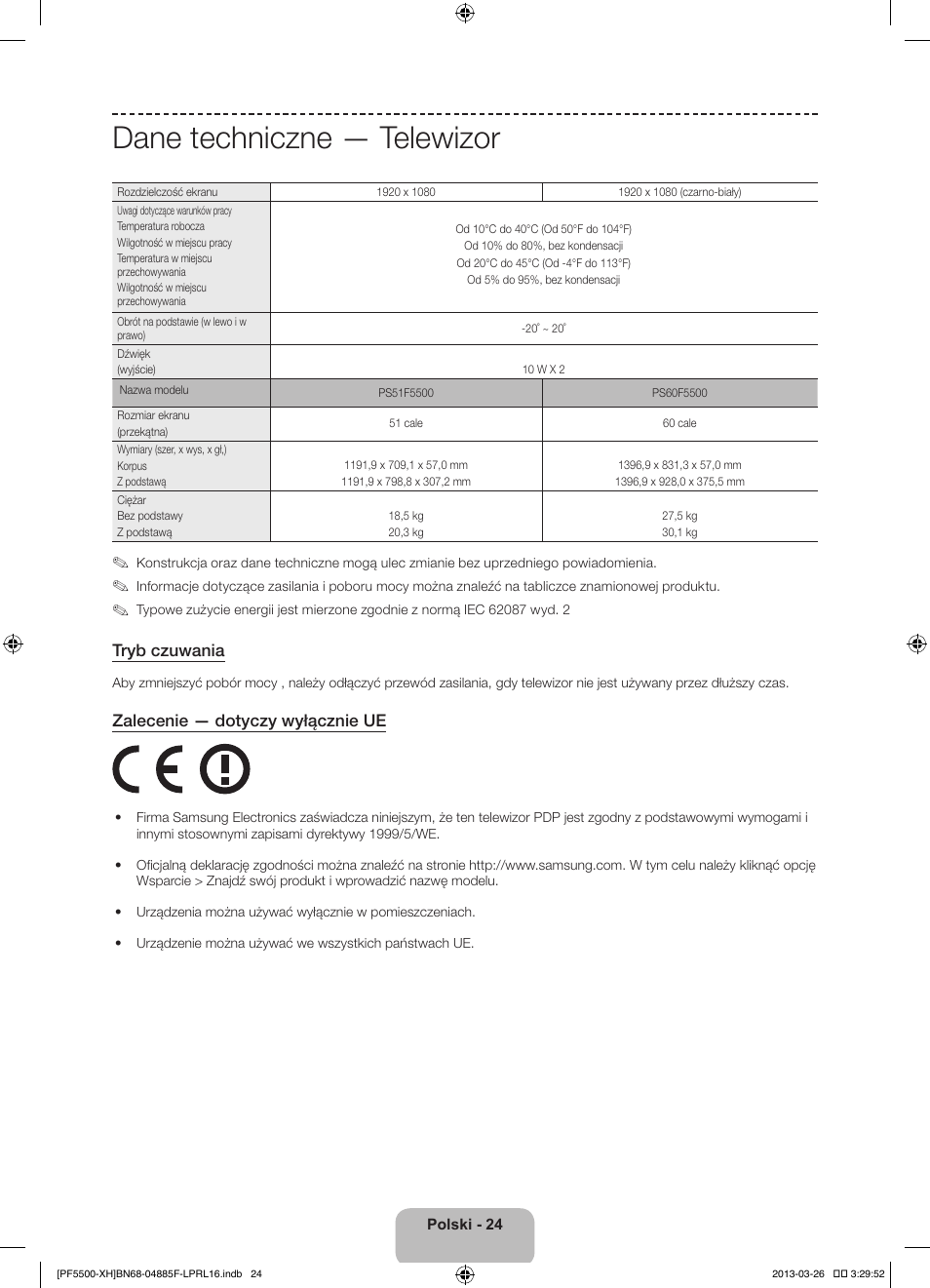 Dane techniczne — telewizor, Tryb czuwania, Zalecenie — dotyczy wyłącznie ue | Samsung PS60F5500AW User Manual | Page 72 / 385