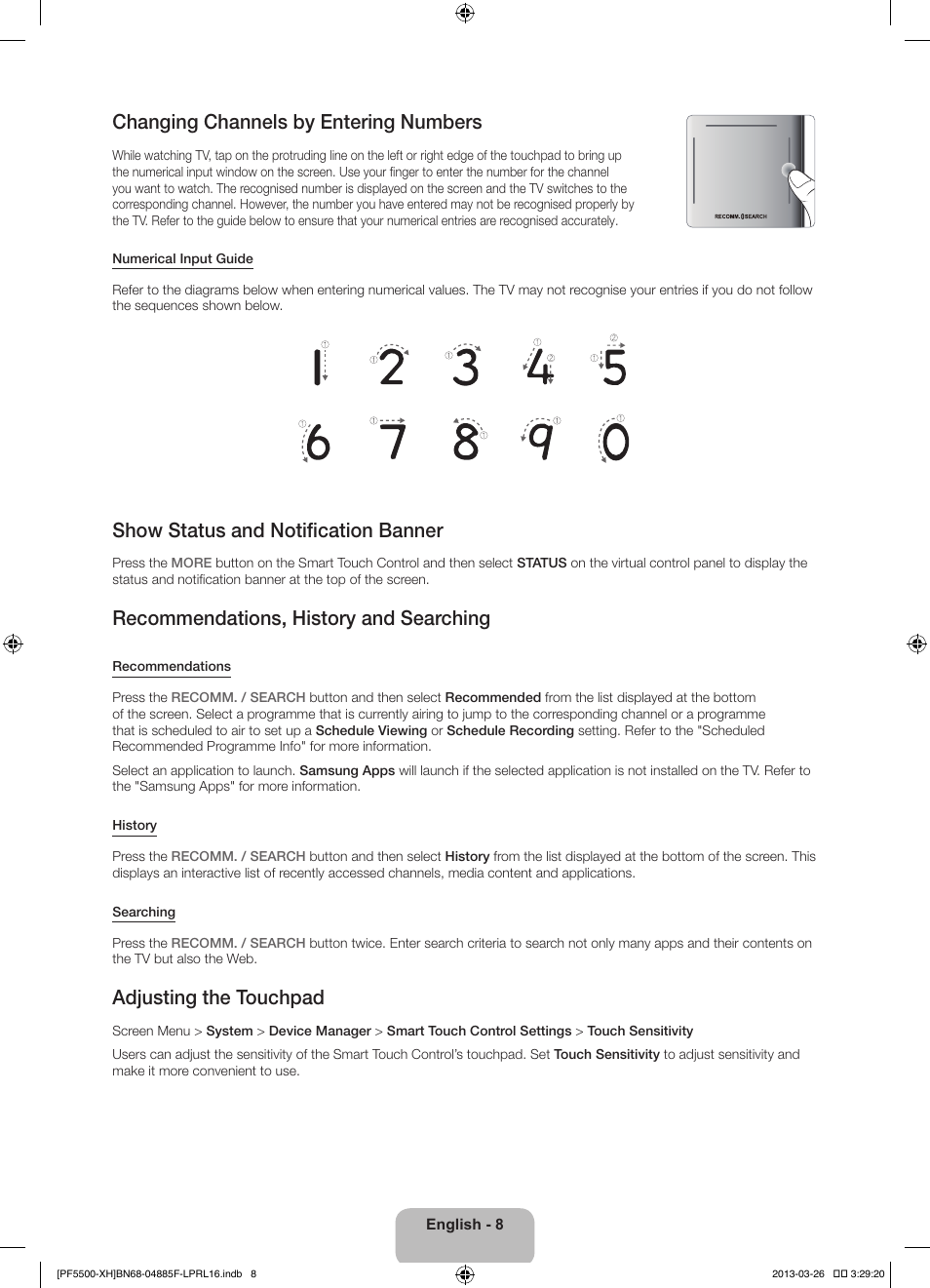 Changing channels by entering numbers, Show status and notification banner, Recommendations, history and searching | Adjusting the touchpad | Samsung PS60F5500AW User Manual | Page 8 / 385