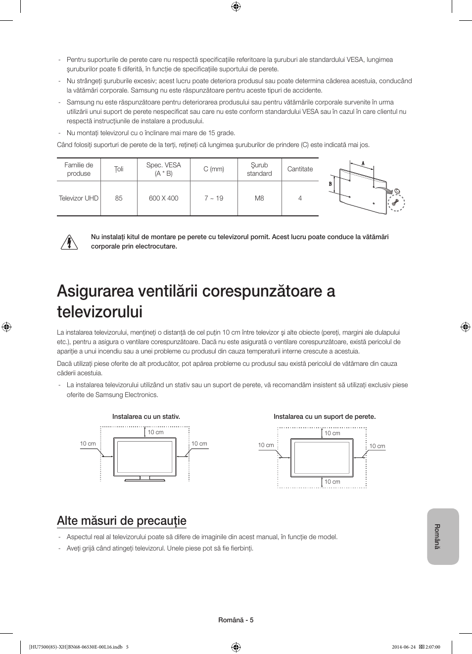 Alte măsuri de precauţie | Samsung UE85HU7500L User Manual | Page 197 / 385