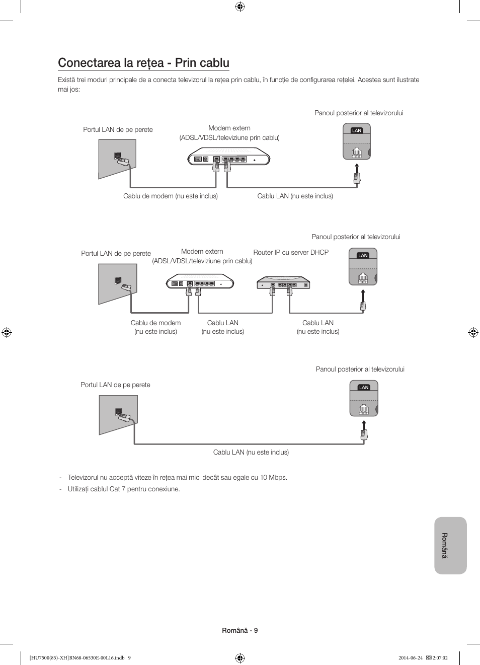 Conectarea la reţea - prin cablu | Samsung UE85HU7500L User Manual | Page 201 / 385